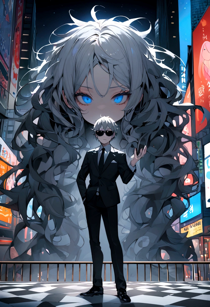 (Highest quality,4k,8k,High resolution,), 2D, One boy, Gray Hair, Messy Hair, blue eyes, Sunglasses on the right hand, Wear a black suit, 180cm tall full body, Puzzled face、Turn your face slightly to the left、Times Square at night in the background、No mask、Ultra delicate、
