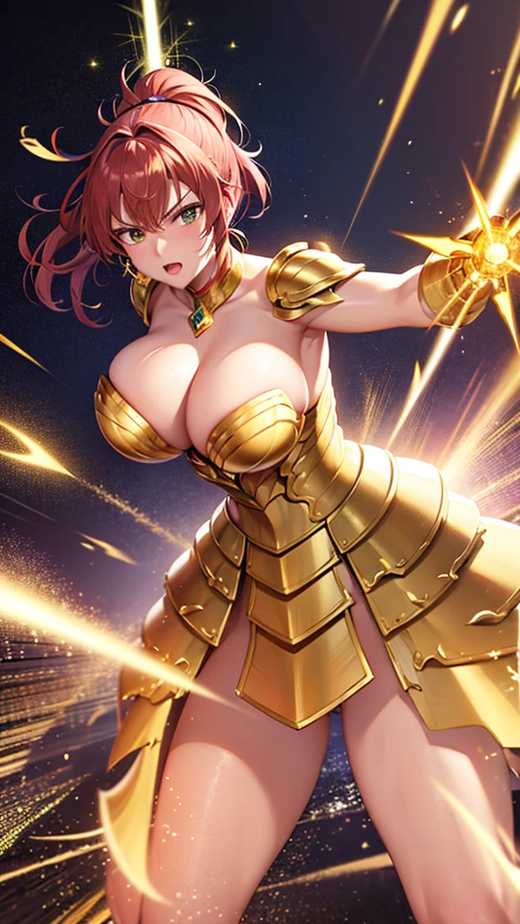 Gold Armor, 4K image, rallies, best quality, masterpiece, movie lighting ，Sexy，Large Breasts，Cleavage，action，In battle，cleavage，anger，noble，Light beams from hands，Golden lightning all around，red hair，ponytail hairstyle，Saint Seiya Leo Aiolia，Wink，lipstick