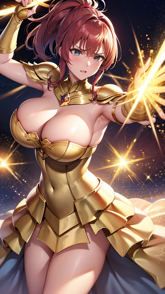 Gold Armor, 4K image, rallies, best quality, masterpiece, movie lighting ,Sexy,Large Breasts,Cleavage,action,In battle,cleavage,anger,noble,Light beams from hands,Golden lightning all around,red hair,ponytail hairstyle,Saint Seiya Leo Aiolia,Wink,lipstick