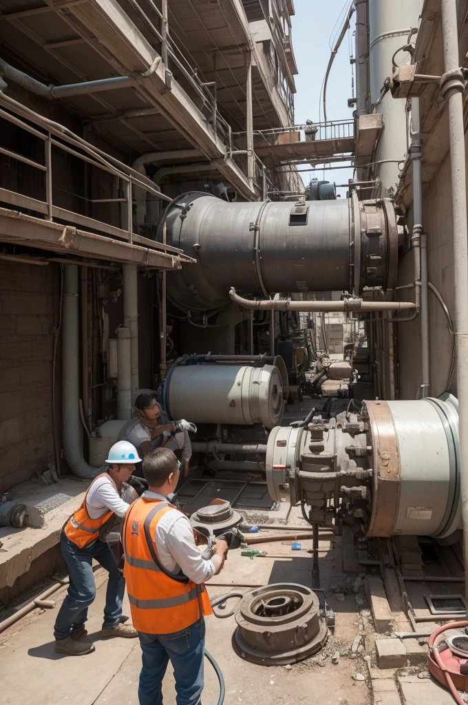 People doing maintenance on a broken centrifugal pump is broken
