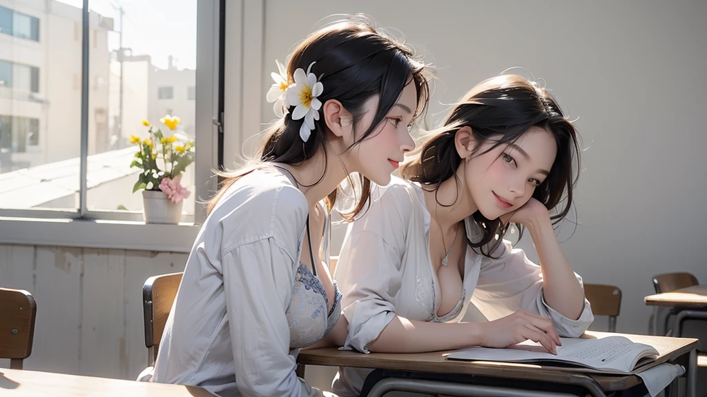 (((((Side angle))))) ((((((Looking at this)))))) 8k、RAW Photos、Highest quality、Super detailed、Super Resolution、Ultra HD、8k wallpaper、Amazing details、 ((White-walled school classroom))、Many students、blackboard、(Write in a notebook)、smile、(A sitting at a desk studying)、(Emphasize cleavage)、Heart Necklace (((I can see the flower patterned bra)))