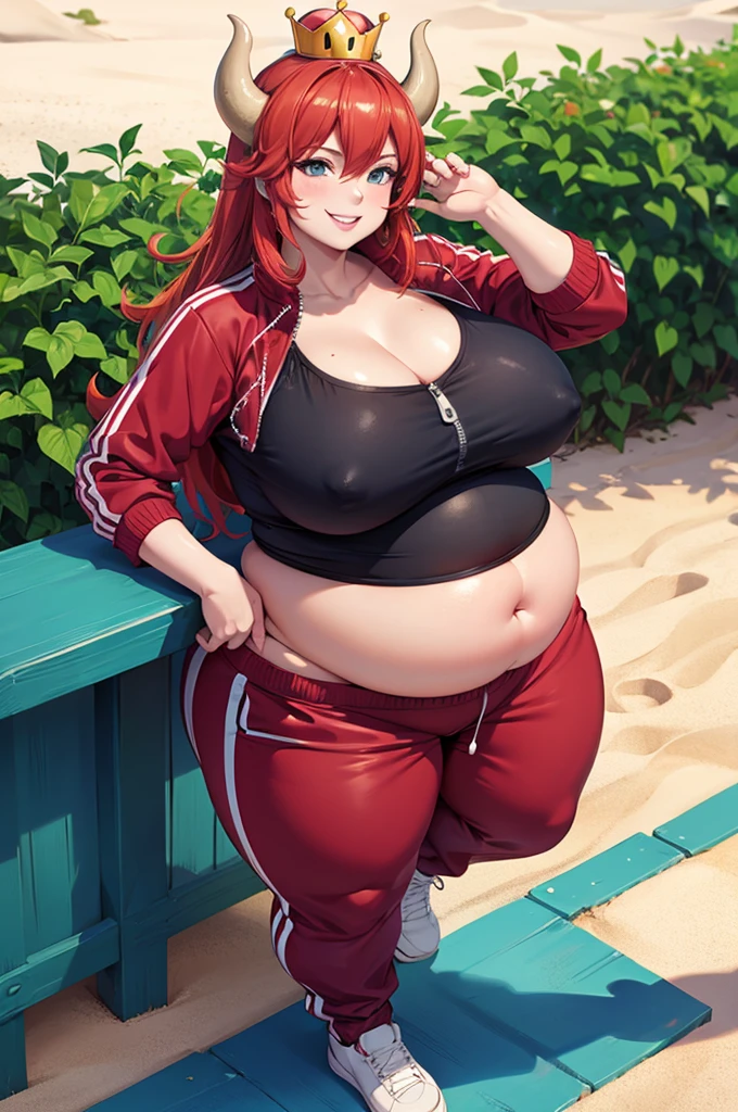 fat and pregnant seductive bowsette, obese, overweight, , red hair, big luscious lips, chubby, plump, bbwig brksuit, beach, grinning