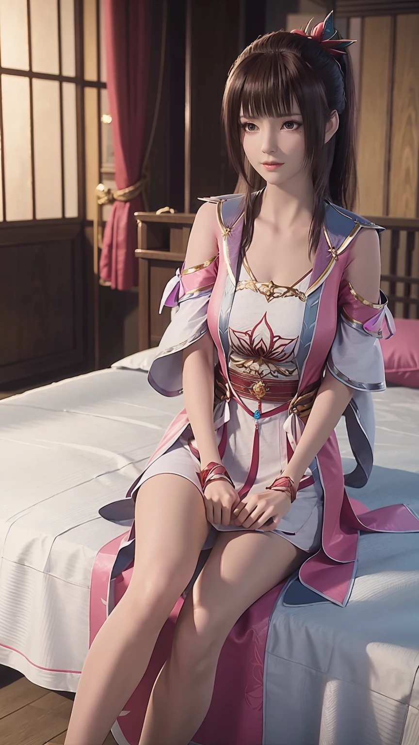 一个女孩Lying in bed,Face up,Raise your legs slightly,Front view super detailed beautiful big breasted girl 16 years old. Ultra HD, 4k, 8K, Movie,whole body,Lying down,Long legs,Very big breasts,whole body捕捉,(((Lying in bed))),(((whole bodyLying in bed))),Pink bed,Off-shoulder,Shoulder-length skirt,Lying in bed,Sleeping on the pillow