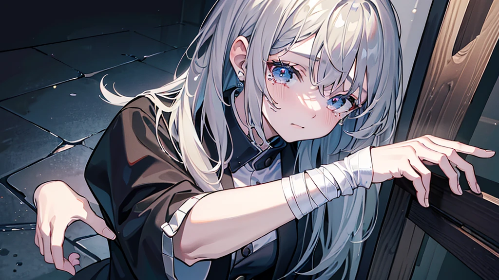 ((Highest quality、8k、masterpiece:1.3))、Dark Room、One Woman、Gray Hair、tears、Wearing bandages