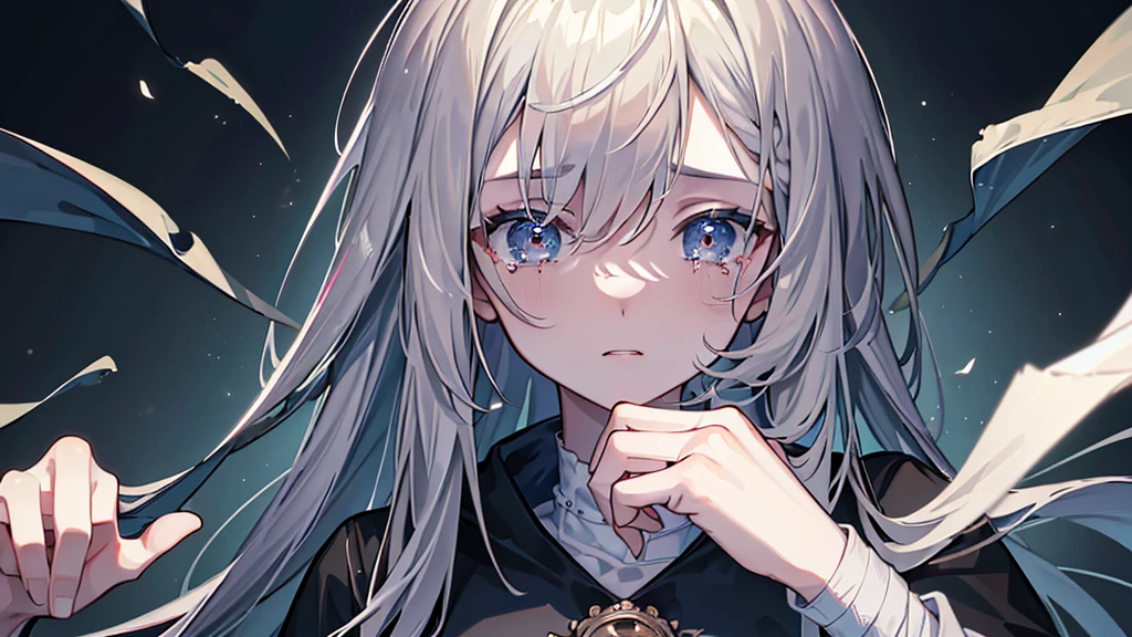 ((Highest quality、8k、masterpiece:1.3))、Dark Room、One Woman、Gray Hair、tears、Wearing bandages