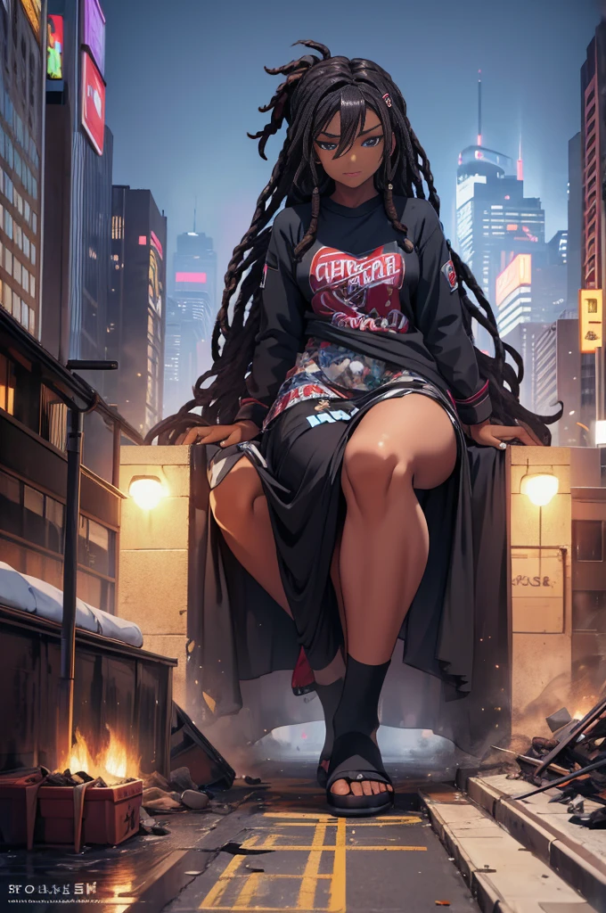dreadlocks,dark grern hair,pajama pantd,pajsm shirt,bedtime attrie, slippers,tired,dark skin,dark skinned femslr,blue eyes,GtsGiga,Gtscity,Rampage,giantess art,.mature female,solo,1girl,meduim bosom,muscalr woman,milf,best quality,masterpiece,fuzzy slippers