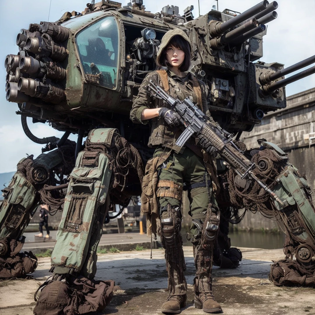 (masterpiece, best quality:1.2), (8k uhd, 16k, 32k, ultra high res), Steampunk, fictional WWII former Japanese Imperial Army armored car and cyborg Japanese female soldier, beautiful face, torn pants, dirty clothes, very intricate details, olive drab paint, peeling paint, weathering, fortress attack, realistic photo, taken with Fuji film X-T30+Nokton. HDR10
