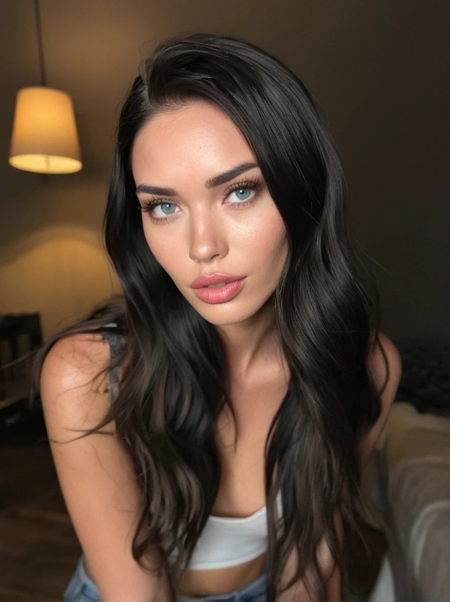 a realistic instagram photo of a [ really beautiful exotic androgynous supermodel 19 year old woman] , with [long, dark hair] , looks like [Megan FOX] and [Adriana Lima], light makeup, looking [innocent, cute, flushed] , [light] skin --ar 9:16 --stylize 750 --v 6