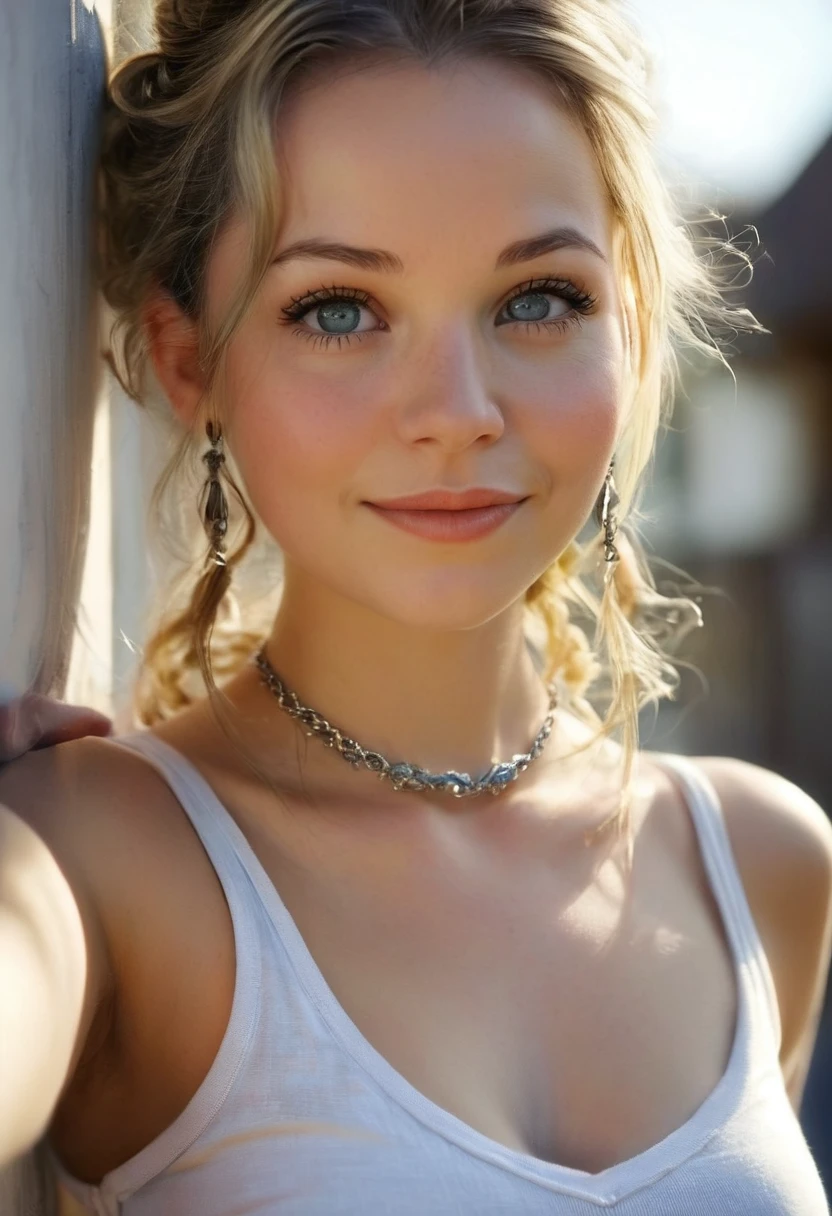((ultra quality)), ((tmasterpiece)), gnome girl, Short stature, ((blonde woman, hairlong, braided)), (silver ear rings), (silver necklace around the neck), (Beautiful cute face), (beautiful female lips), Charming, ((sexy facial expression)), looking at the camera smiling softly, eyes are slightly closed, (Skin color: white), Body glare, ((detailed beautiful female eyes)), ((dark blue eyes)), (juicy female lips), (beautiful female hands), (A bit full figure, bun), ((perfect female figure)), perfect female body, Beautiful waist, Gorgeous hips, Beautiful medium breasts, ((Subtle and beautiful)), seductively worth it (close-up of the face), (wearing blackface jeans, white tanktop) background: on the threshold of the house, Hot day, ((Depth of field)), ((high quality clear image)), (crisp details), ((higly detailed)), Realistic, Professional Photo Session, ((Clear Focus)), Miranda Cosgrove