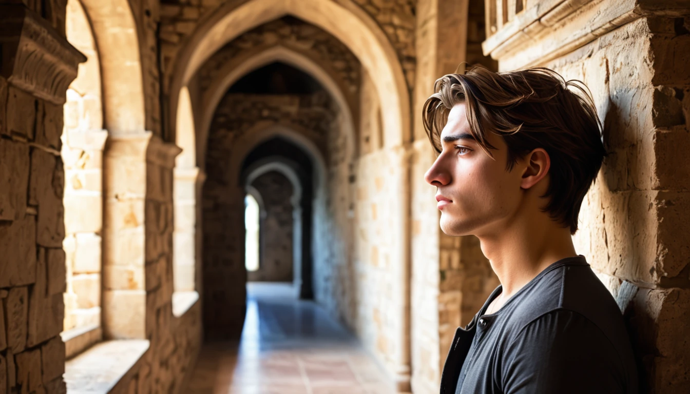 handsome young man alone sad and melancholy in half profile in a castle corridor