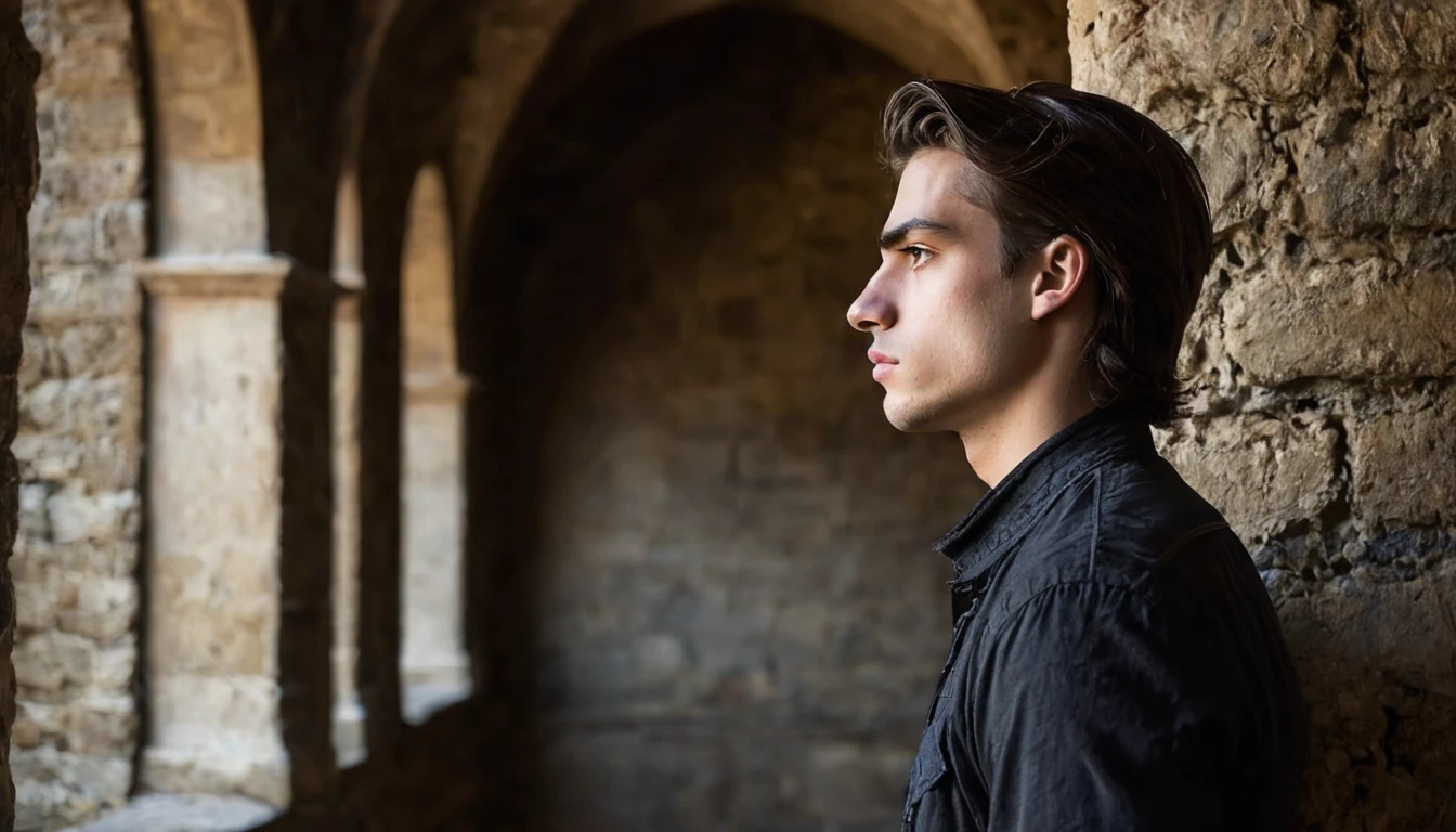 handsome young man alone sad and melancholy in half profile in a castle corridor