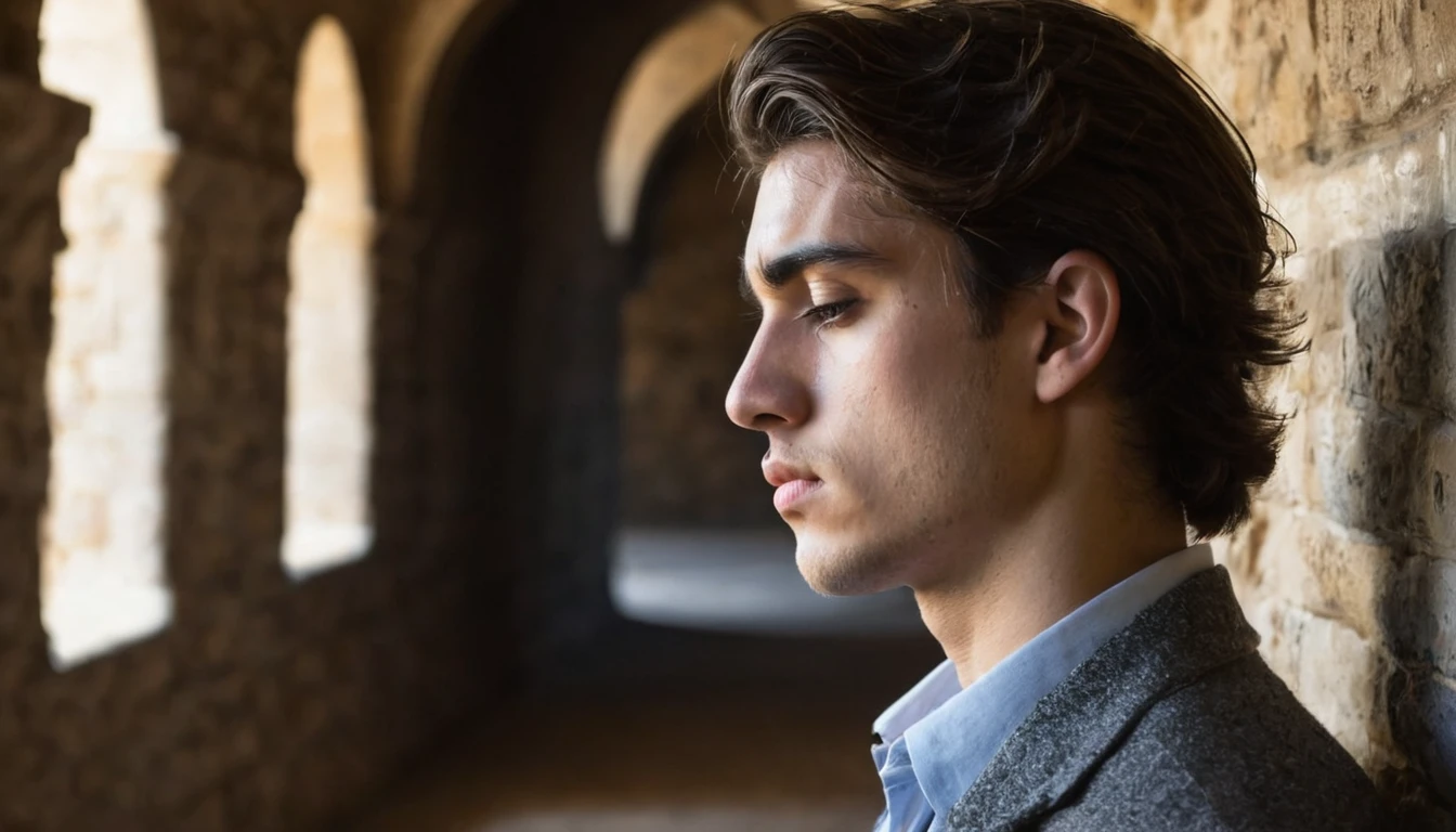 handsome young man alone sad and melancholy in half profile in a castle corridor