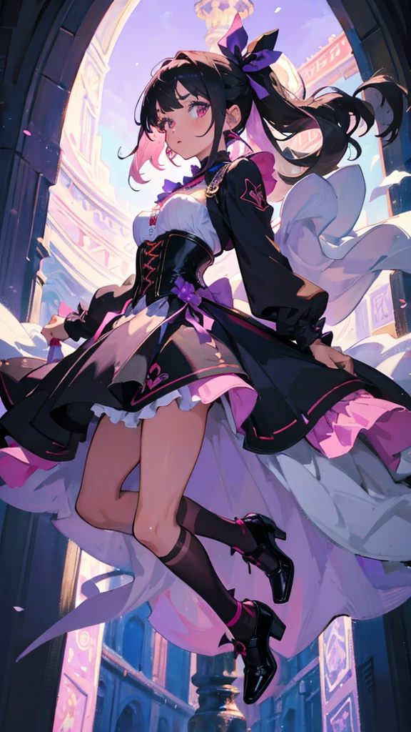 Una chica de piel morena sonrojada, con el pelo corto y desordenado con flequillo de color negro , ojos grandes y redondos de color negro, hero costume that was a purple corset, a skirt with a pink bow, medias largas con rayas color morado con rosa, y unos zapatos estudiantiles Cute, imagen de alta calidad, colores pastel