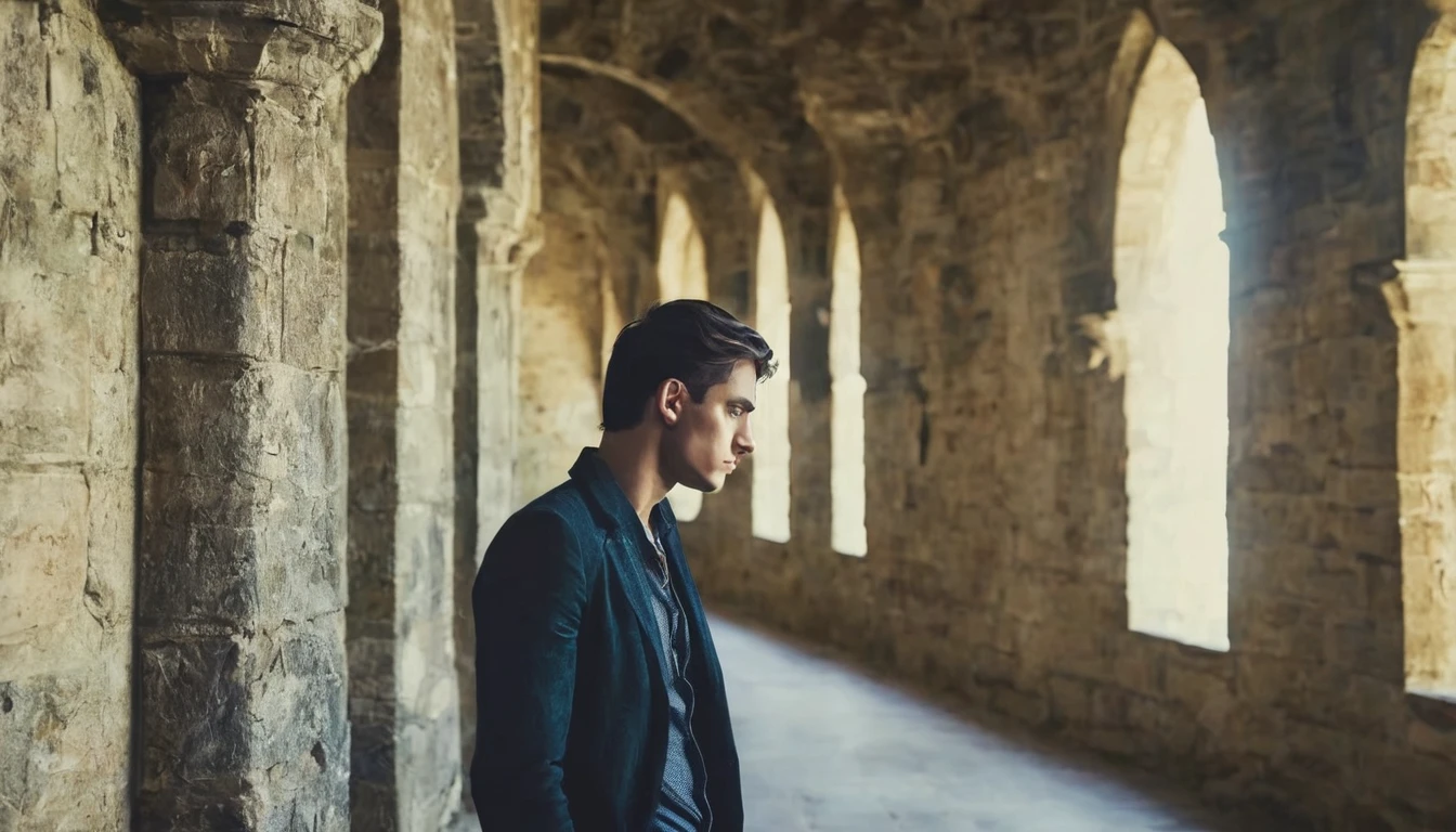 handsome young man alone sad and melancholy in half profile in a castle corridor