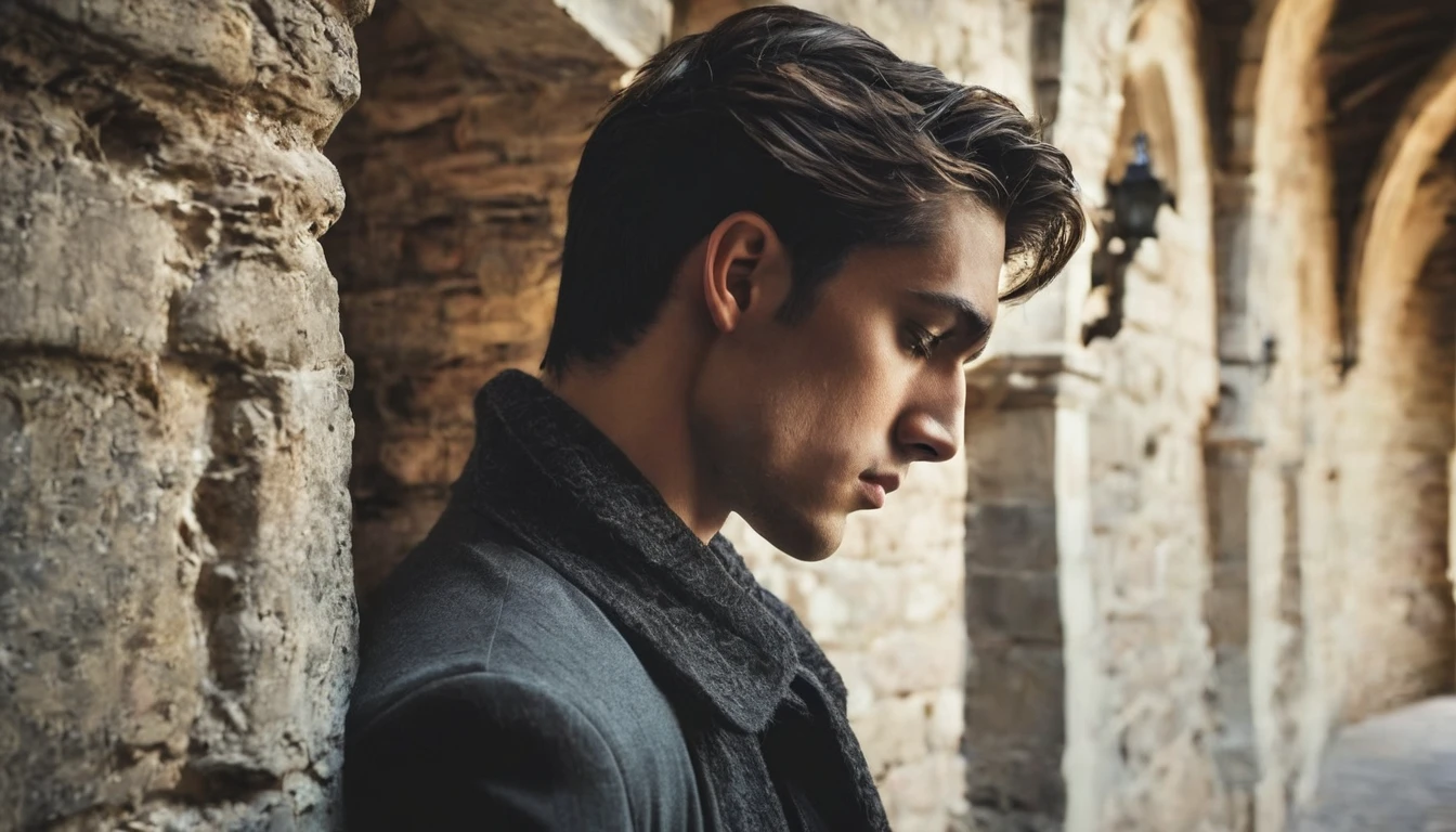 handsome young man alone sad and melancholy in half profile in a castle corridor