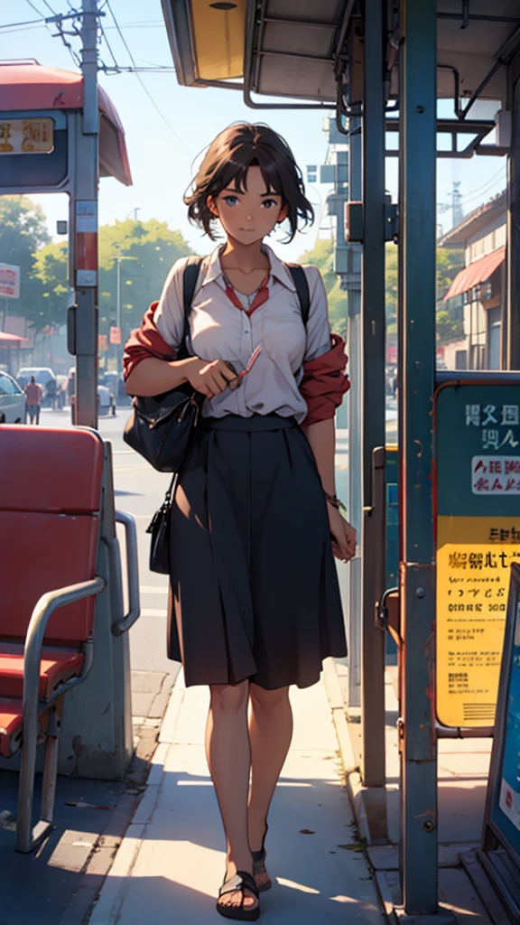 A beautiful girl looking at a boy at the bus stand