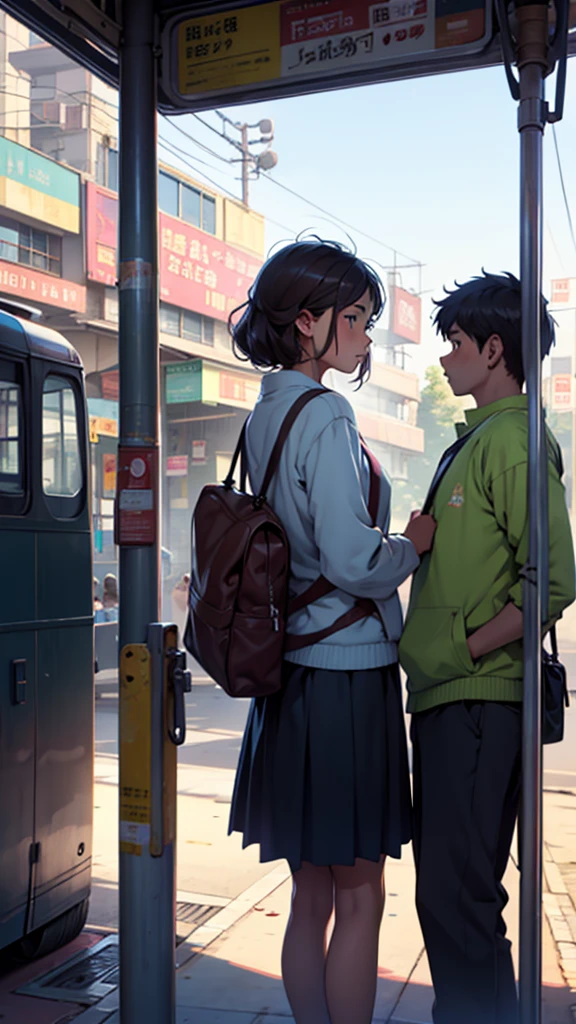 A beautiful girl looking at a boy at the bus stand