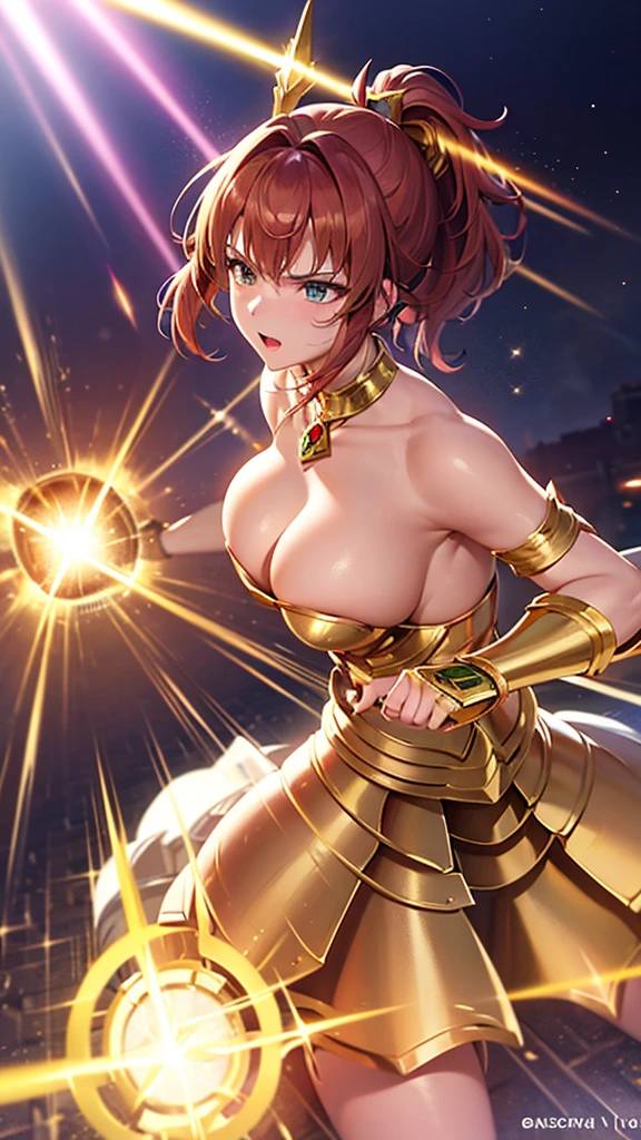 Gold Armor, 4K image, rallies, best quality, masterpiece, movie lighting ,Sexy,Large Breasts,Cleavage,action,In battle,cleavage,anger,noble,Light beams from hands,Golden lightning all around,red hair,ponytail hairstyle,Saint Seiya Leo Aiolia,Wink,lipstick