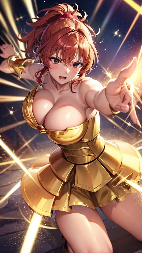 Gold Armor, 4K image, rallies, best quality, masterpiece, movie lighting ,Sexy,Large Breasts,Cleavage,action,In battle,cleavage,anger,noble,Light beams from hands,Golden lightning all around,red hair,ponytail hairstyle,Saint Seiya Leo Aiolia,Wink,lipstick