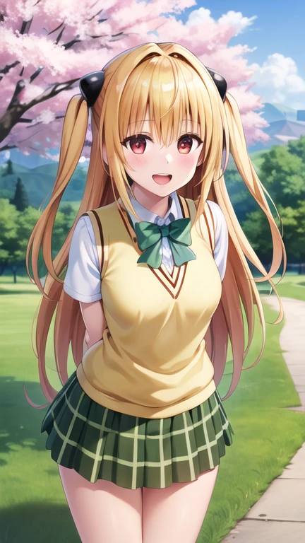 masterpiece, best quality, highres, aayami, very long hair, two side up, hair ornament, , green bowtie, white shirt, sweater vest, yellow vest, short sleeves, plaid skirt, green skirt, standing, cowboy shot, leaning forward, arms behind back, outdoors, cherry blossoms, smile, open mouth,
