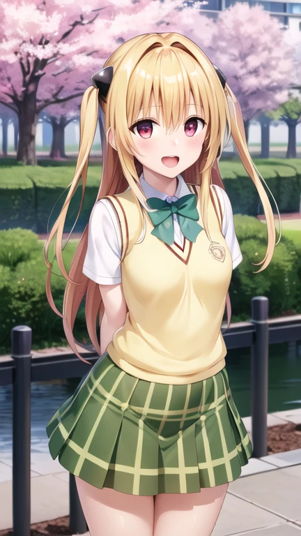 masterpiece, best quality, highres, aayami, very long hair, two side up, hair ornament, , green bowtie, white shirt, sweater vest, yellow vest, short sleeves, plaid skirt, green skirt, standing, cowboy shot, leaning forward, arms behind back, outdoors, cherry blossoms, smile, open mouth,