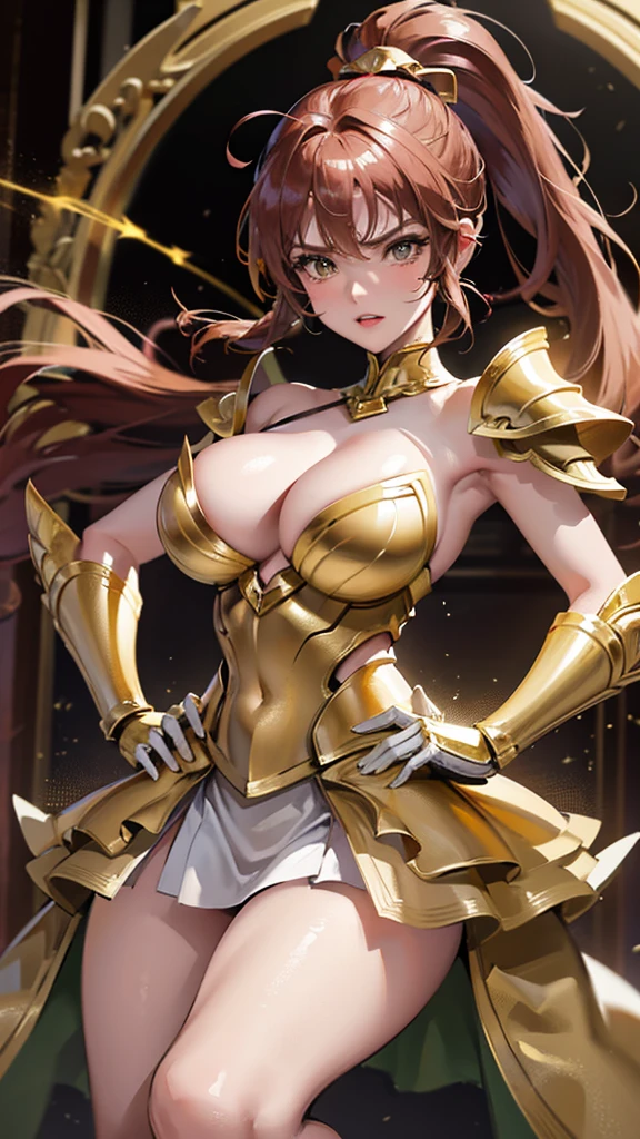 Gold Armor, 4K image, rallies, best quality, masterpiece, movie lighting ,Sexy,Large Breasts,Cleavage,action,In battle,cleavage,anger,noble,Light beams from hands,Golden lightning all around,red hair,ponytail hairstyle,Saint Seiya Leo Aiolia,Wink,lipstick