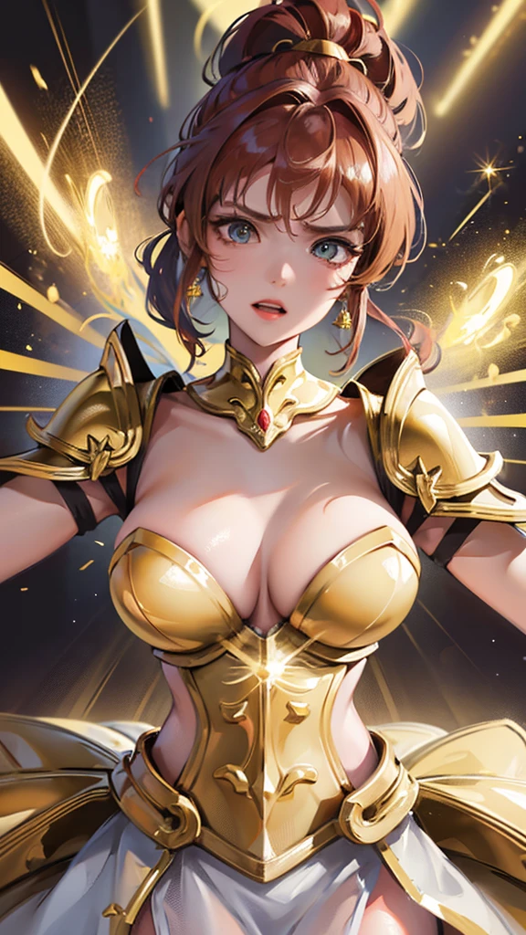 Gold Armor, 4K image, rallies, best quality, masterpiece, movie lighting ,Sexy,Large Breasts,Cleavage,action,In battle,cleavage,anger,noble,Light beams from hands,Golden lightning all around,red hair,ponytail hairstyle,Saint Seiya Leo Aiolia,Wink,lipstick