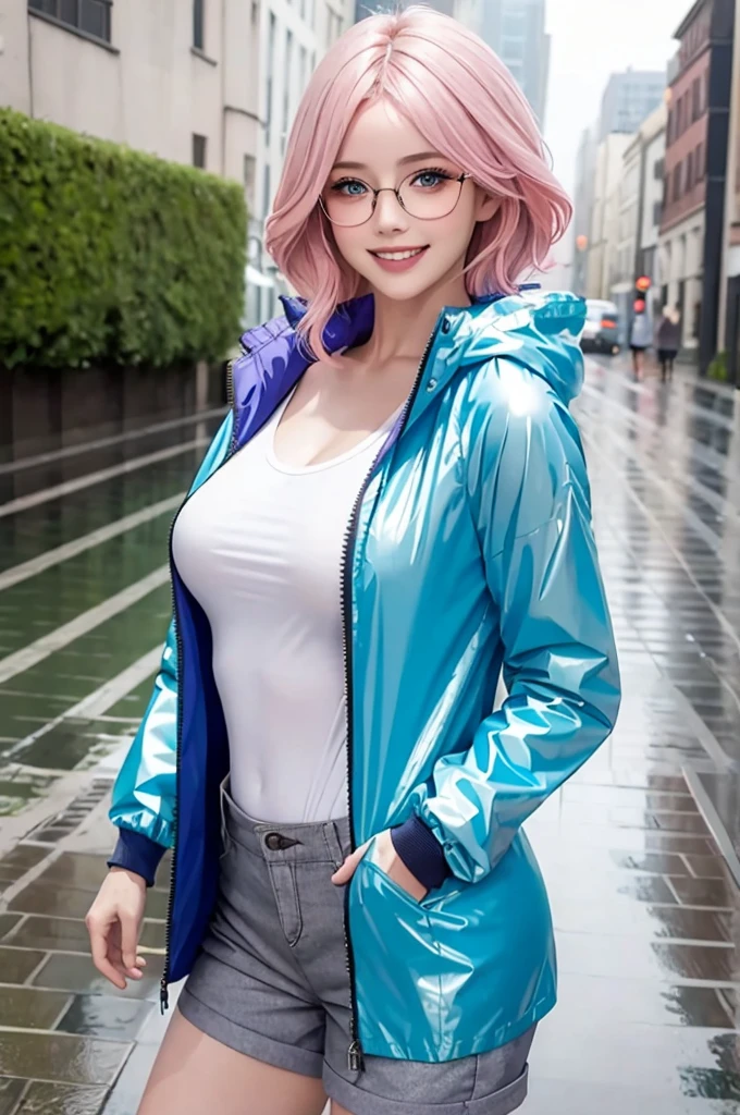 ((Idol level girl)), masterpiece, Best image quality, Super detailed, (Perfect body:1.3), (Perfect Face+Glasses+Messy Hair+Pink hair and grey pixie), Detailed Hair,Bright smile、Delicate blue eyes, (Vivid eyes),Professional Lighting,Large Breasts, ((a girl dancing in the rain with raincoat)), 8K, of the highest quality, dancing, masterpiece:1.2), (smile:1.4), (joyful expression:1.0), (short pants:1.3), (Realistic, Photorealsitic:1.37), the highest quality, masterpiece, cleavage:0.5, (wet street:0.4), wet, rain, Beautiful young woman, an inviting look, ((pixie hair)), dynamic posing, Cinematic background, Light skin tone, clear raincoat,