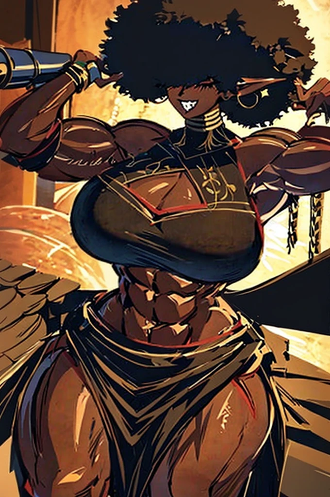 no eyes hair covering eyes (masterpiece, best quality:1.2),1 girl, voluptuous body, full body, masterpiece, dominant pose, good anatomy, no extra limbs, big ass, thick thighs, black hair, voluminous afro, pointy ears, gold earrings, black top with red details, black skirt with red details, gold necklaces wide hips muscular female