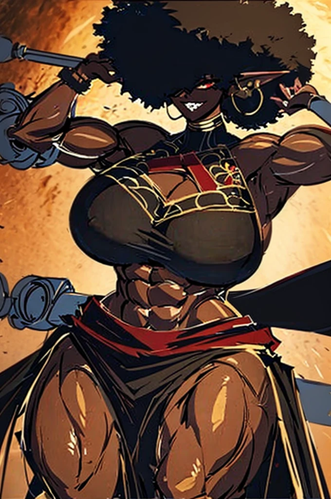 no eyes hair covering eyes (masterpiece, best quality:1.2),1 girl, voluptuous body, full body, masterpiece, dominant pose, good anatomy, no extra limbs, big ass, thick thighs, black hair, voluminous afro, pointy ears, gold earrings, black top with red details, black skirt with red details, gold necklaces wide hips muscular female