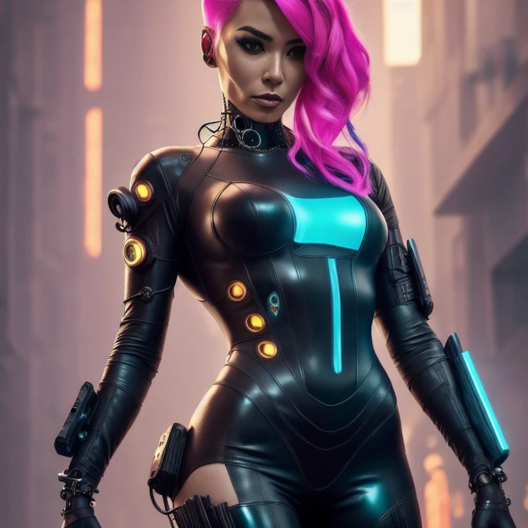 a close up of a woman in a wetsuit posing for a picture, super villain, park black leather costume, full-cosplay, cosplay pink hair, dressed in black leather, leather body suit, wearing atsuko kudo latex outfit, professional cosplay, villainess, wearing black latex outfit, cleavage, necklace, (cyberpunk background:1.5)