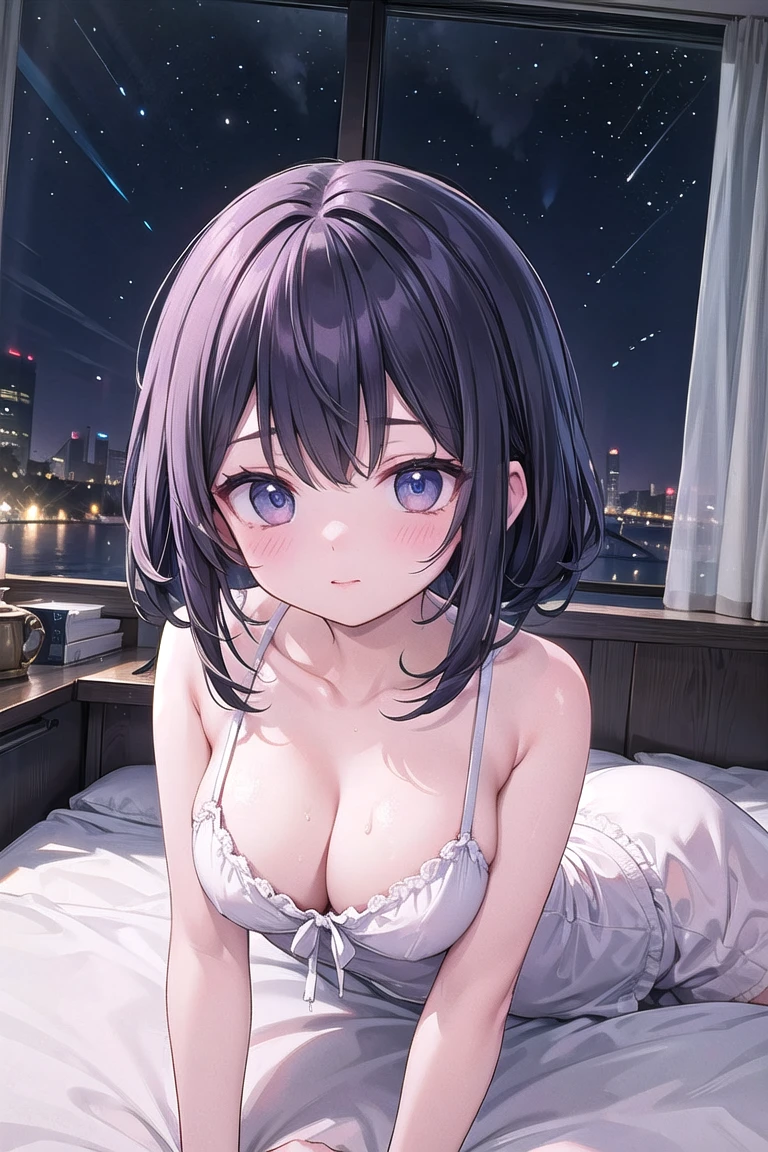 (Cute older sister:1.3)、((Very detailed))、night、Bedroom、On the bed、、Going to bed、Shining night sky、((1 person)),,White camisole