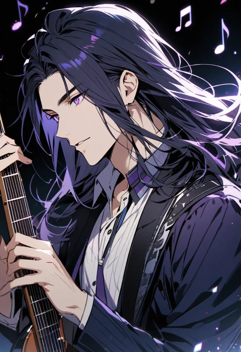 male, handsome, parted bang, long hair, navy hair, musician, purple eyes, music notes