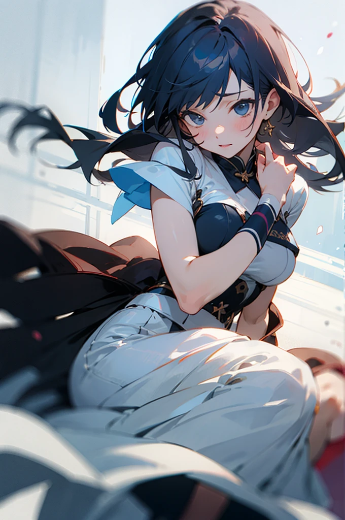 solo、Girls' High School生、(Big Breasts、Big Tits)、(Black Hair、Very Short Hair、Boyish cut)、nsfw、sitting、(Sailor suit summer uniform、Short sleeve、Yellow tie、Navy blue micro mini skirt、Navy Pleated Skirt、White mesh panties、White Short Socks)、Arms folded behind back、Spreading her legs:1.5、(Big Breasts、Big Tits)、Girls' High School、classroom