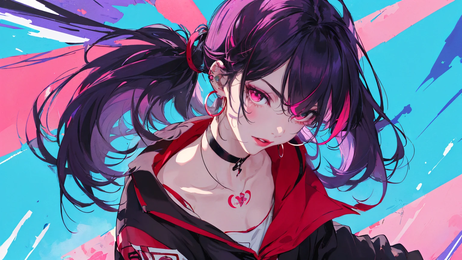 hair above one eye, Purple eyes, Clear Eyes, choker, Neon Shirt, torn legwear, open jacket、Blue pubic hair catches my eye,Bright red background、Red background, graffiti, Shineing grafiti, Shineing tattoos, Shine, Neon Light, Black light,Anime Style, movie portrait photography, 1 female, 22 years ago, Whole Body Ezbian,Big and ample breasts, anger, (Scarlet Hair), Long Hair, Purple eyes, wearing a short black dress, (Natural skin texture vivid details, Surreal, (Realistic eyes, Natural skin texture, Realistic facial details), Soft and dramatic lighting, Written boundary depth, Bokeh, vivid details, Surreal, 35mm movie, Absent-minded, movie,lipstick, ear piercing, eye shadow, Hoop Earrings, red pink lips, multicolored red eyes, Red background,Beautiful Eyes,Bold Pose、Strike a Pose,upper ponytail,drooping bangs,Droopy eyes、((school uniform))、high school girl