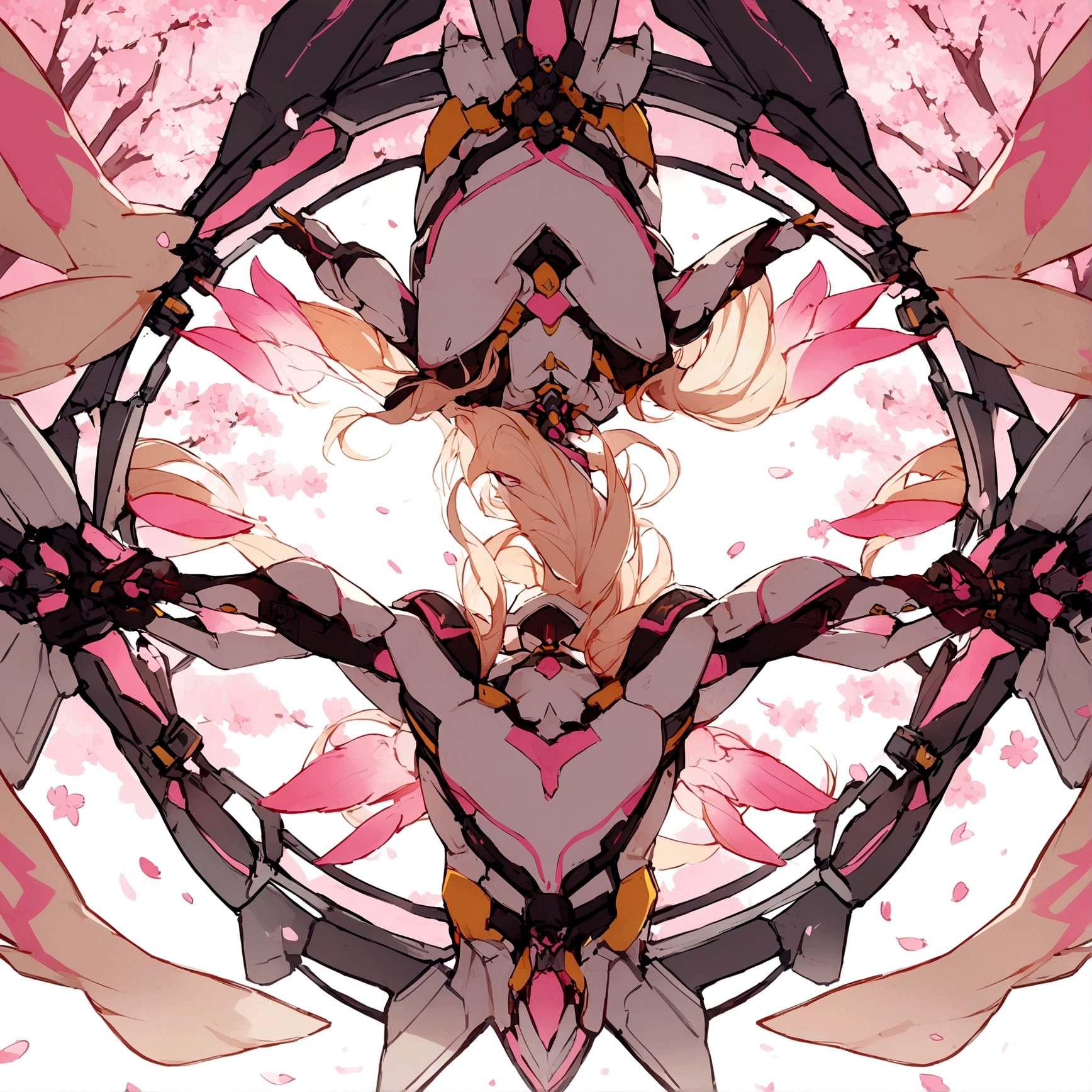 Pink mercy with long hair from overwatch surrounded by cherry blossoms in flight