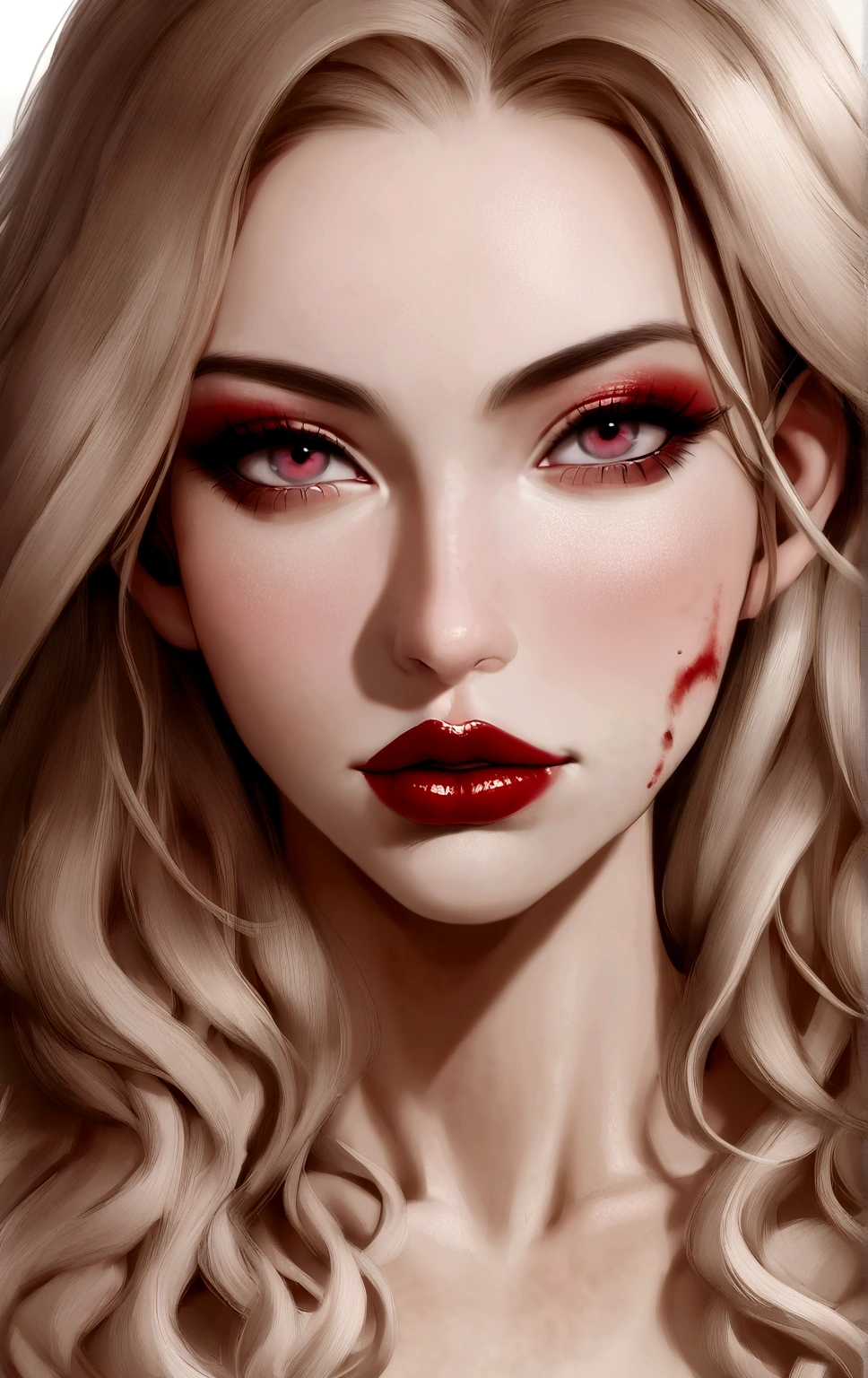 nude um close de uma mulher com cabelos longos e uma blusa rosa, retrato sophie mudd, thick Red lips, thick lips, Red lipstick on face, small and thick Red lips, sexy Red lips, nodded, qualidade muito muito baixa, low quality video, violeta myers, Red lips, 18 anos de idade, Cerveja suave rainha do diabo madison
