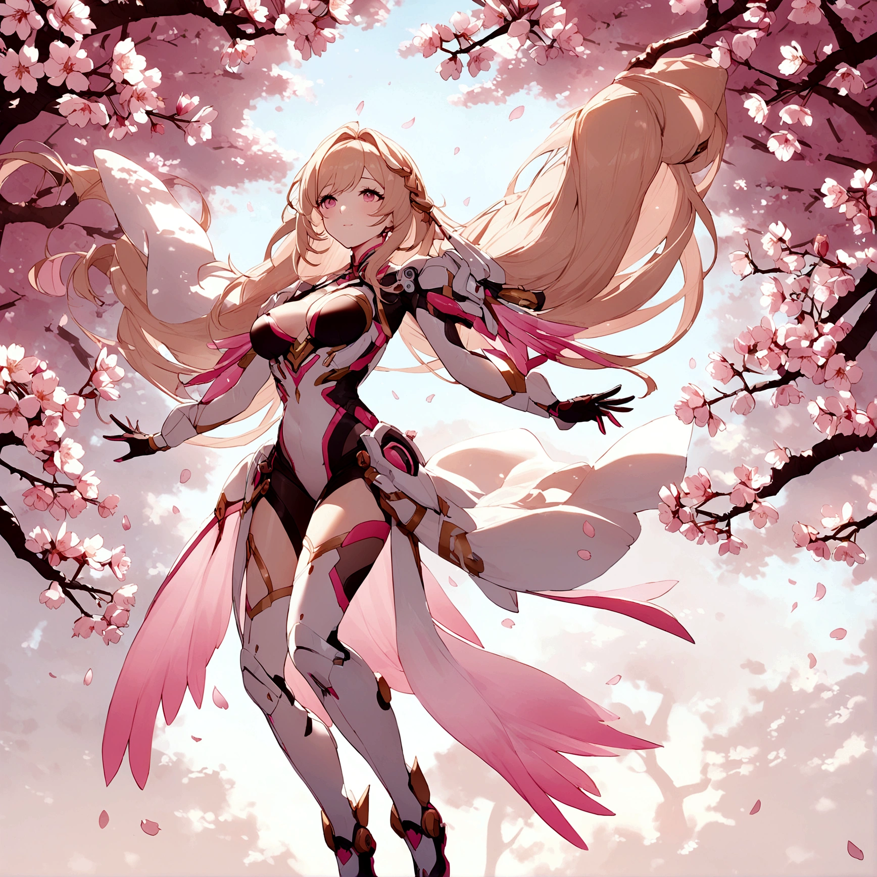 Pink mercy with long hair from overwatch surrounded by cherry blossoms in flight