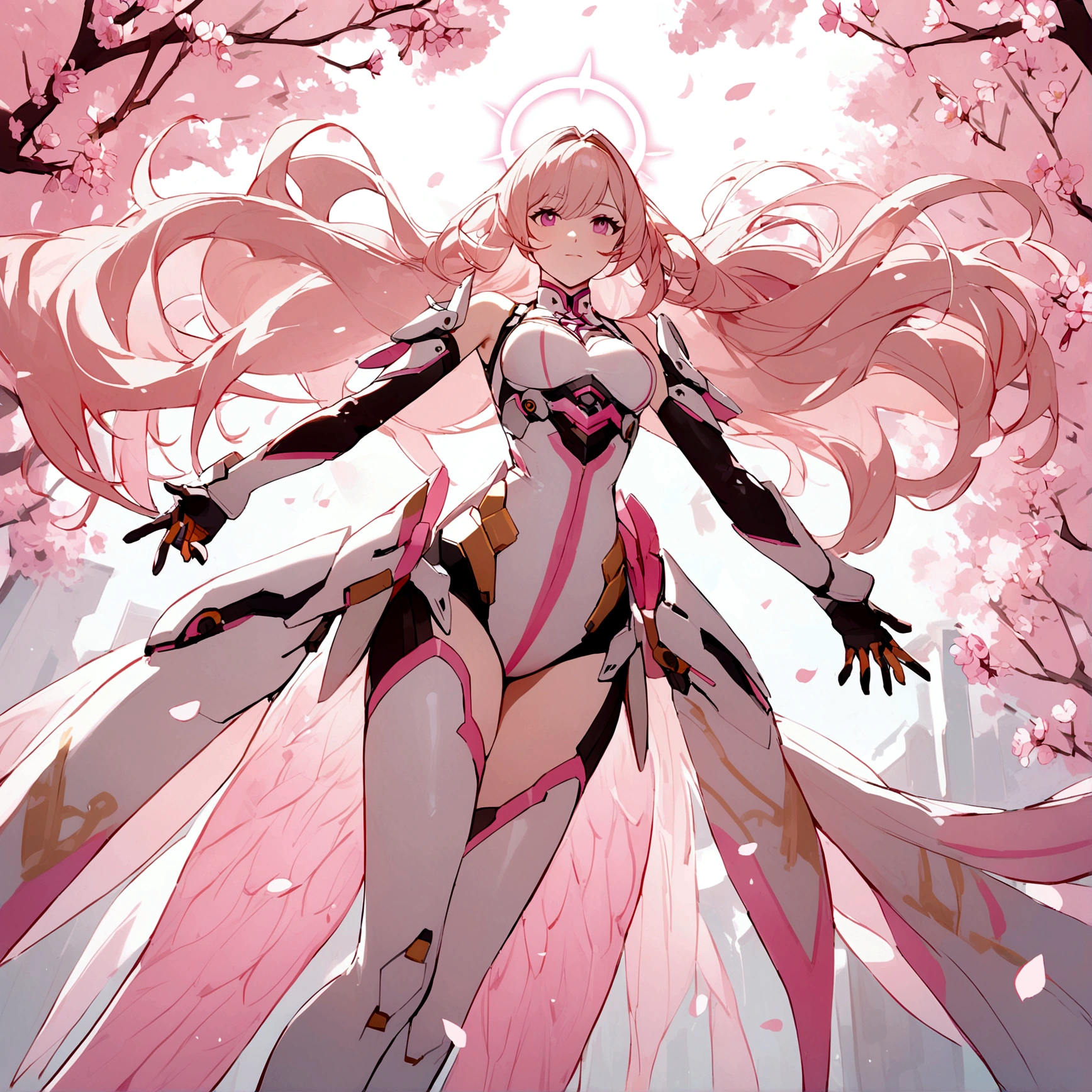 Pink mercy with long hair from overwatch surrounded by cherry blossoms in flight