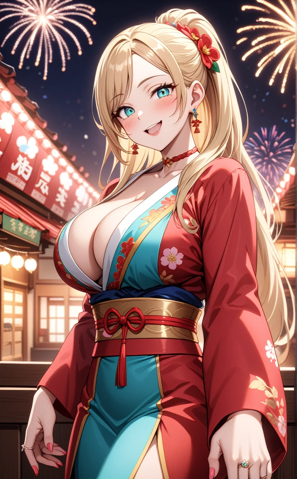 One personの女性)), Beautiful Face,Laughing embarrassedly,((Wink:2.0)),Laugh with your mouth wide open,((Bright red cheeks:1.4)),Glossy pink lips,night,rooftop,Festive decorations,You can see the ocean, firework,Glossy pink lips,Lighting on the face,((Anime style background)),masterpiece, Highest quality, so beautiful, Latest, Complex details, (Pink long nails),(ring),(flower bracelet),Floral choker,AI-generated, Complex,High resolution, Highest quality, super high quality,3D Images、View your viewers、3D Images,One person,Long blonde hair,High Ponytail,Turquoise Eyes,Anime woman posing for a photo, (Fine grain,Colorful eyes,Shining Eyes:1.3),(Squint your eyes:1.1),a hyperRealistic , hyperRealistic , Realistic,Blonde anime woman with long hair, Smooth anime CG art, A woman in a colorful kimono with gold embroidery, (Pink long sleeve kimono),Red floral pattern,Long flower hair ornament,Large floral earrings,(ring),(Big Breasts:1.1),Mature Body,Tall,Big Ass,Narrow waist,Abdominal muscles,(Zoom in on face:1.6),Shooting from below at an angle