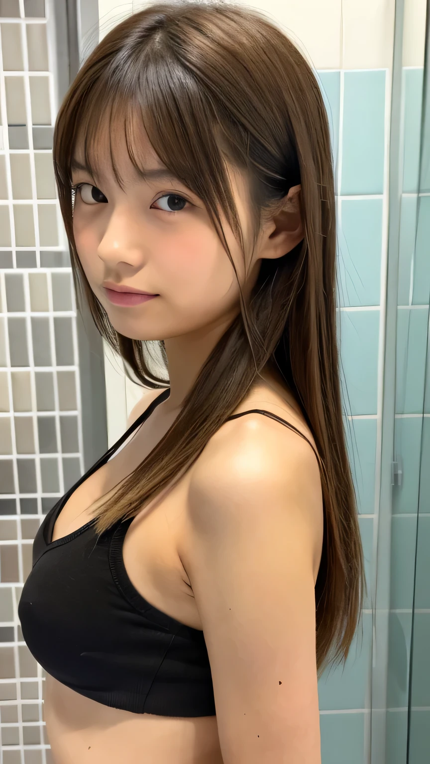 (masterpiece:1.2), Japanese, (((18 years old))), (a girl), bathroom, upper body, light-brown hair, 