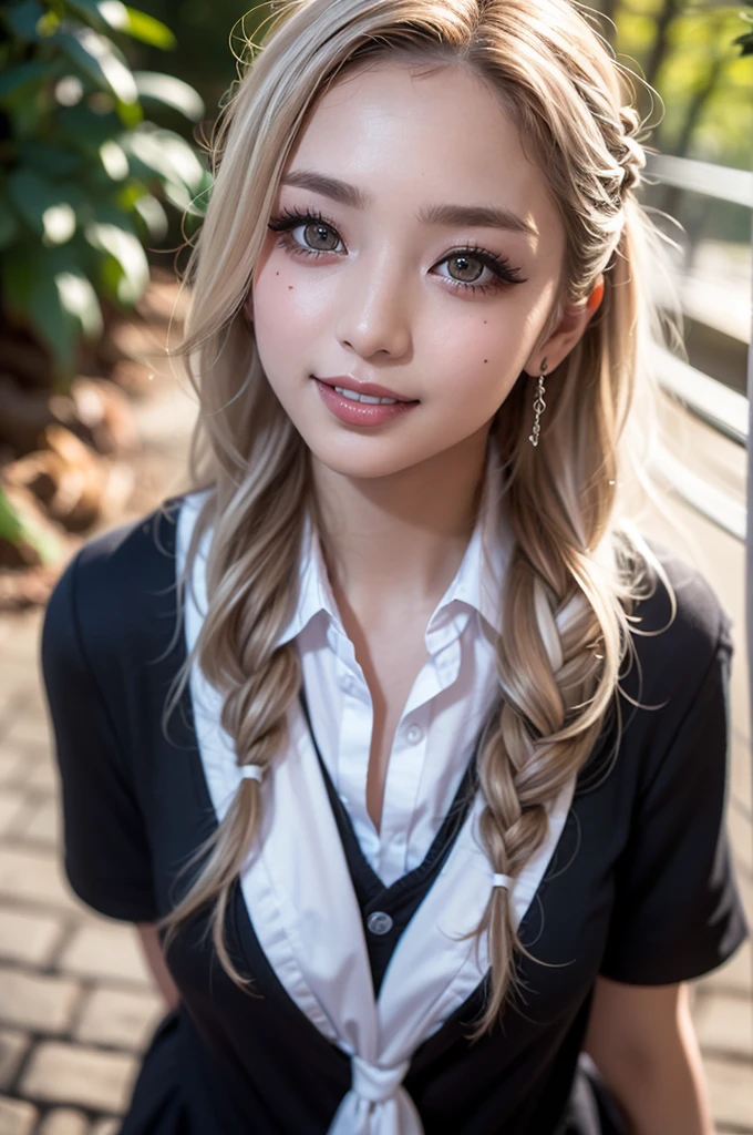Realistic, masterpiece, Highest quality, Highest Resolution, High Detail, Soft Light, Professional Lighting, Backlight, Film Grain, The background is blurred, Japanese , (The subject was photographed from above at an angle, The model does not look at the camera:1.3), 16 years old, Upper body photo, Looks sleepy, inattention, Grinning, Open your mouth, Beautiful and detailed eye drawing, (Droopy eyes:1.3), Dark Eyes, Thin eyebrows, Draw eyelashes carefully, Eyelash extensions, Gal Makeup, Orange Cheek, (White brown wavy hair, Long Hair, Hair tied back, middle part:1.3), (Hidden eyelid wrinkles:1.3), (Gothic summer school uniform:1.3), (Summer forest:1.3)