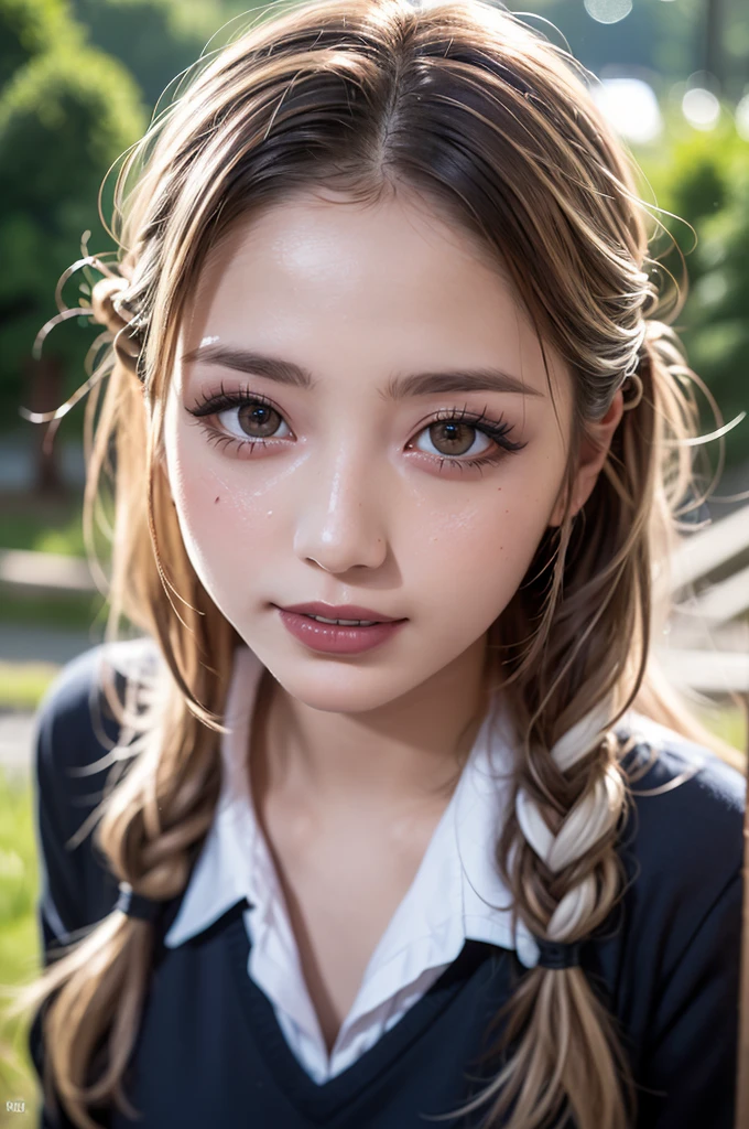 Realistic, masterpiece, Highest quality, Highest Resolution, High Detail, Soft Light, Professional Lighting, Backlight, Film Grain, The background is blurred, Japanese , (The subject was photographed from above at an angle, The model does not look at the camera:1.3), 16 years old, Upper body photo, Looks sleepy, inattention, Grinning, Open your mouth, Beautiful and detailed eye drawing, (Droopy eyes:1.3), Dark Eyes, Thin eyebrows, Draw eyelashes carefully, Eyelash extensions, Gal Makeup, Orange Cheek,  (White brown wavy hair, Long Hair, Hair tied back, middle part:1.3), (Hidden eyelid wrinkles:1.3), (Gothic summer school uniform:1.3), (Summer forest:1.3)
