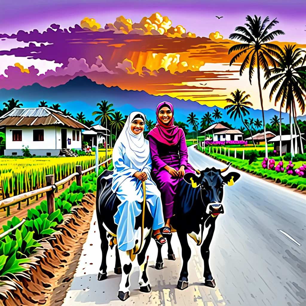 
image of a malay couple , young man and women with smiling face riding black and white cow on village road, man wearing cap and women wearing hijab sitting behind man, background beautiful scenery village , sunset view, paddy fields, electric pole, wooden house, coconut trees, bougainvillea trees ,bananas trees ,digital acrylic painting artline color's style, vivid color, bold stroke line ,HD.