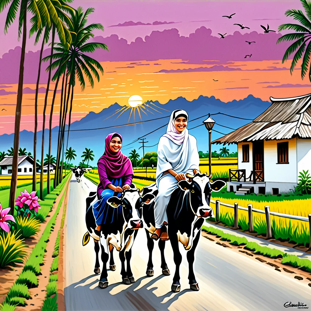 
image of a malay couple , young man and women with smiling face riding black and white cow on village road, man wearing cap and women wearing hijab sitting behind man, background beautiful scenery village , sunset view, paddy fields, electric pole, wooden house, coconut trees, bougainvillea trees ,bananas trees ,digital acrylic painting artline color's style, vivid color, bold stroke line ,HD.