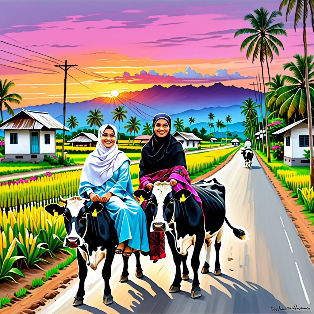 image of a malay couple , young man and women with smiling face riding black and white cow on village road, man wearing cap and women wearing hijab sitting behind man, background beautiful scenery village , sunset view, paddy fields, electric pole, wooden house, coconut trees, bougainvillea trees ,bananas trees ,digital acrylic painting artline color's style, vivid color, bold stroke line ,HD.