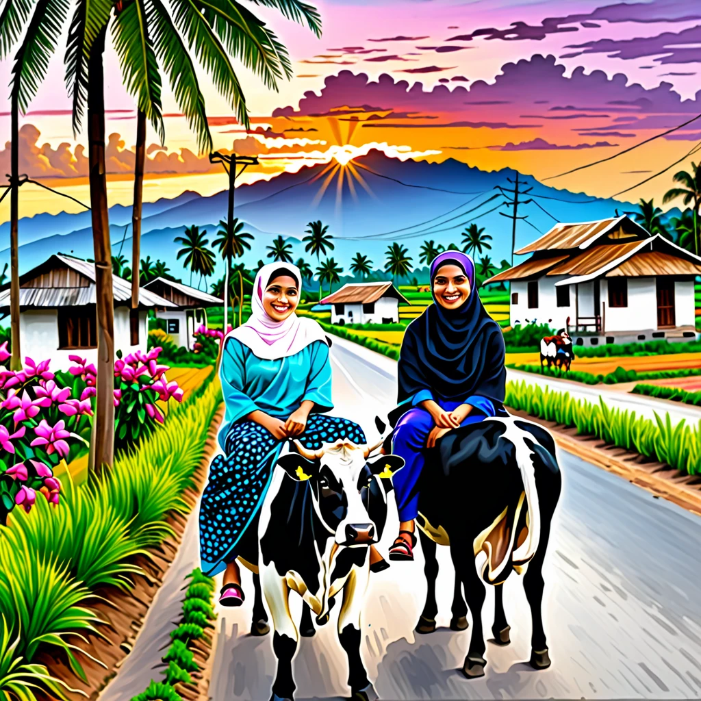 
image of a malay couple , young man and women with smiling face riding black and white cow on village road, man wearing cap and women wearing hijab sitting behind man, background beautiful scenery village , sunset view, paddy fields, electric pole, wooden house, coconut trees, bougainvillea trees ,bananas trees ,digital acrylic painting artline color's style, vivid color, bold stroke line ,HD.