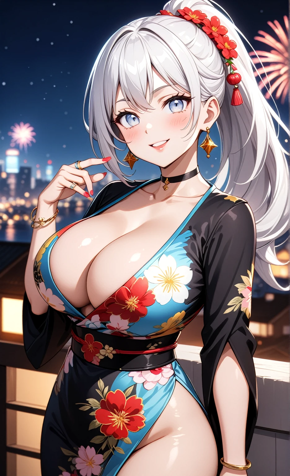 ((One personの女性)), Beautiful Face,Laughing shyly,((Wink:2.0)),Laugh with your mouth wide open((Bright red cheeks:1.4)),Glossy pink lips,night,rooftop,Festive decorations,You can see the ocean, firework,Laughing with your mouth open,Glossy pink lips,Lighting on the face,((Anime style background)),masterpiece, Highest quality, so beautiful,Latest, Complex details, (Pink long nails),(ring),(bracelet),(choker),AI-generated, Complex,High resolution, Highest quality, super high quality,3D Images、View your viewers、3D Images,One person,Long white hair,High Ponytail,(blue eyes),Anime woman posing for a photo, ((Fine grain、Silvery white colorful eyes、Shining Eyes:1.4)),(Squint your eyes:1.1),a hyperRealistic , hyperRealistic , Realistic,Anime woman with long and white hair, Smooth anime CG art, A woman in a colorful kimono with gold embroidery, (Black long sleeve kimono),Red floral pattern,Long flower hair ornament,Big earrings,Mature Body,(Big Breasts:1.1),Tall,Abdominal muscles,Narrow waist,(Zoom in on face:1.5),Shooting from below at an angle