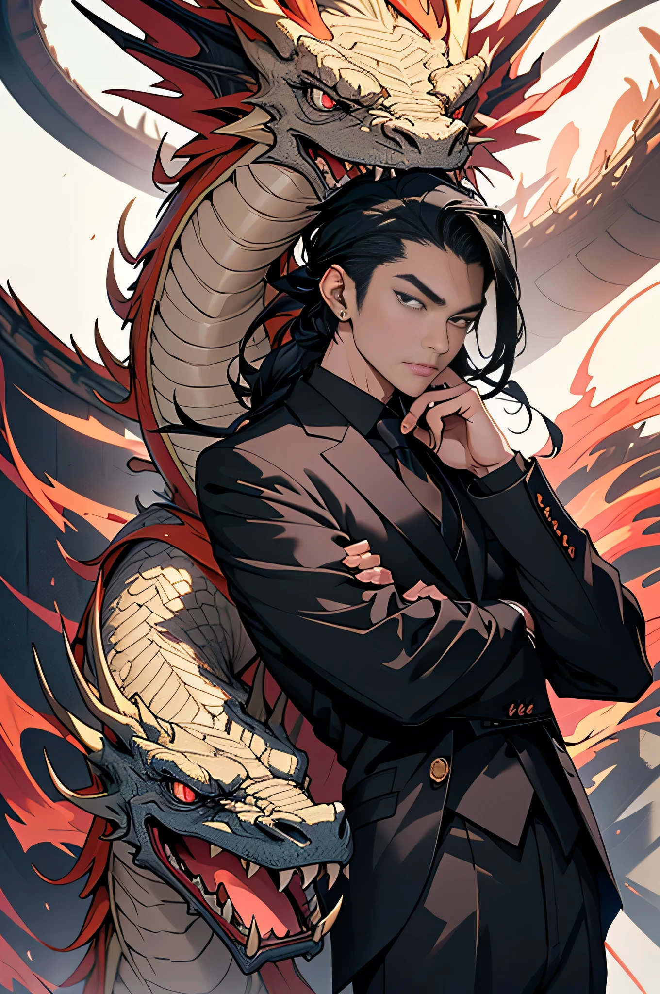 Anime Man in a Suit and Tie, Adorned with a Dragon Motif by Yang J:
A mesmerizing portrait of a handsome Japanese demon boy, exuding an air of both elegance and mystery. The man is depicted in a suit and tie, the fabric of which is intricately designed to resemble the scales of a dragon, symbolizing a fusion of human and dragon elements. The dragon itself, nestled in the background, adds an aura of power and grandeur to the art. This captivating piece, titled "Human and Dragon Fusion," is the latest trending masterpiece on ArtStation, created by the esteemed artist, Yang J.
The crimson
