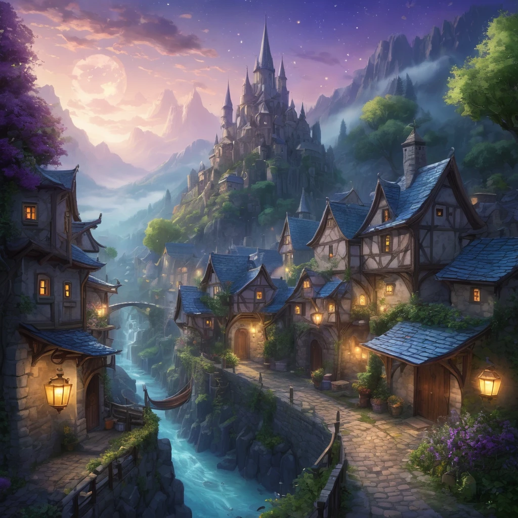 Create an incredibly enchanting and visually stunning image of an "Ancient Otherworldly Little Town." Imagine a secluded, mystical village nestled in a hidden valley, surrounded by towering, ethereal mountains and dense, enchanted forests. The architecture of the town is a blend of ancient stone buildings with intricate carvings and organic, nature-inspired structures that seem to grow from the ground itself.

In the foreground, a cobblestone street winds through the town, lined with lanterns that emit a soft, magical glow. The townspeople, dressed in robes and garments of an otherworldly style, go about their daily activities, some tending to glowing gardens, others working with mysterious artifacts.

The town square features a magnificent, ancient tree with sprawling branches that reach towards the sky, its leaves shimmering with an iridescent light. Around the tree, market stalls sell exotic goods and magical items, creating a bustling, vibrant atmosphere.

The sky above is a twilight gradient of deep purples, blues, and teals, with stars and celestial phenomena adding to the sense of wonder. The mountains and forests in the background are bathed in a soft, ethereal mist, adding depth and mystery to the scene.

The color palette should be rich and mystical, with a harmonious blend of natural and magical hues. Use detailed, flowing lines to capture the intricate beauty of the town and its surroundings. The entire image should evoke a sense of wonder, serenity, and the timeless charm of an ancient, otherworldly little town.